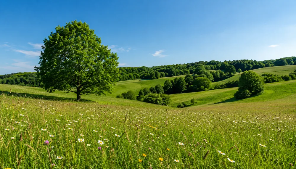 Sommerliche Blumenwiese mit sanften Hügeln in Mitteleuropa